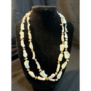 Double Strand Mother of Pearl Coral Bead Necklace Gold Tone Clasp